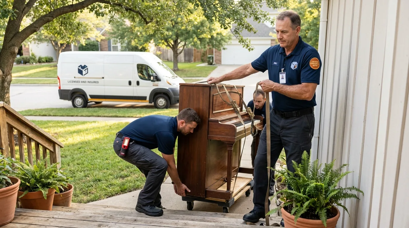Licensed piano movers securing grand piano in Lynden, WA