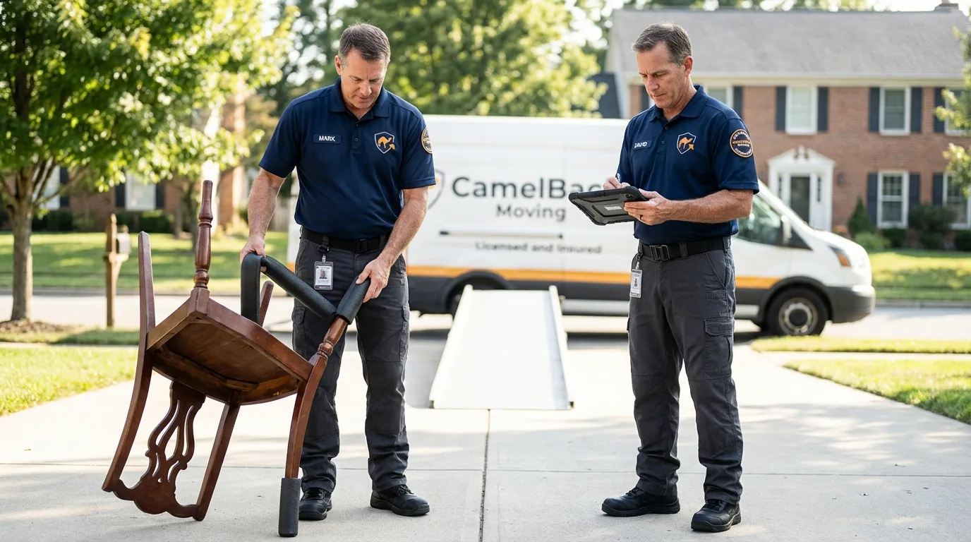 Movers inspecting furniture for damage prevention before loading in Lynden, WA