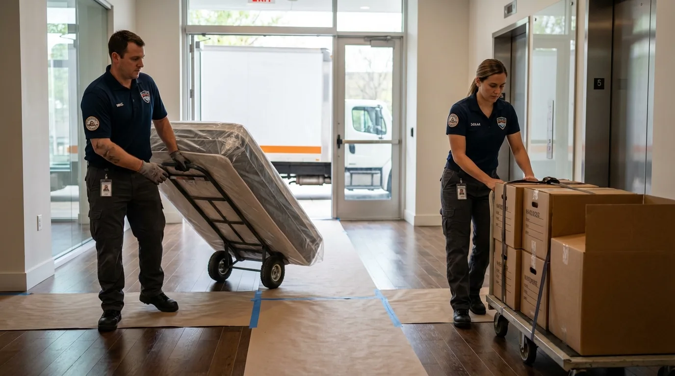 Professional apartment movers loading elevator in Lynden, WA